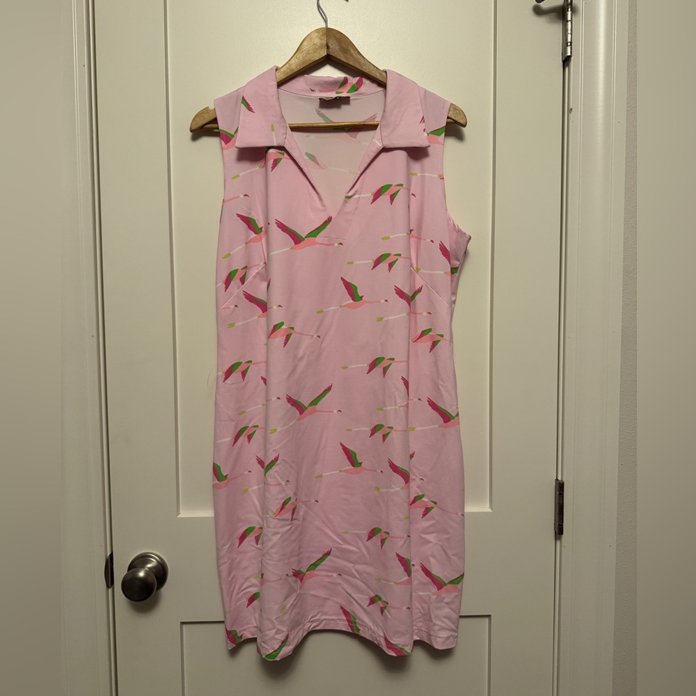 Sleeveless Pink Collared Shift Dress with Bird Print